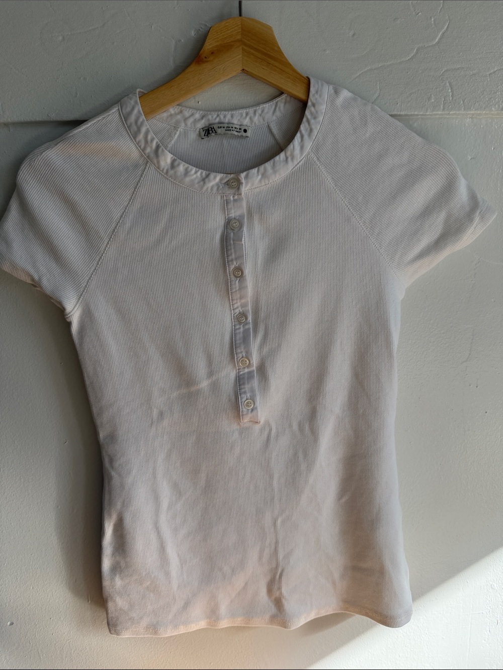 Zara White Short-Sleeve Ribbed Henley Top